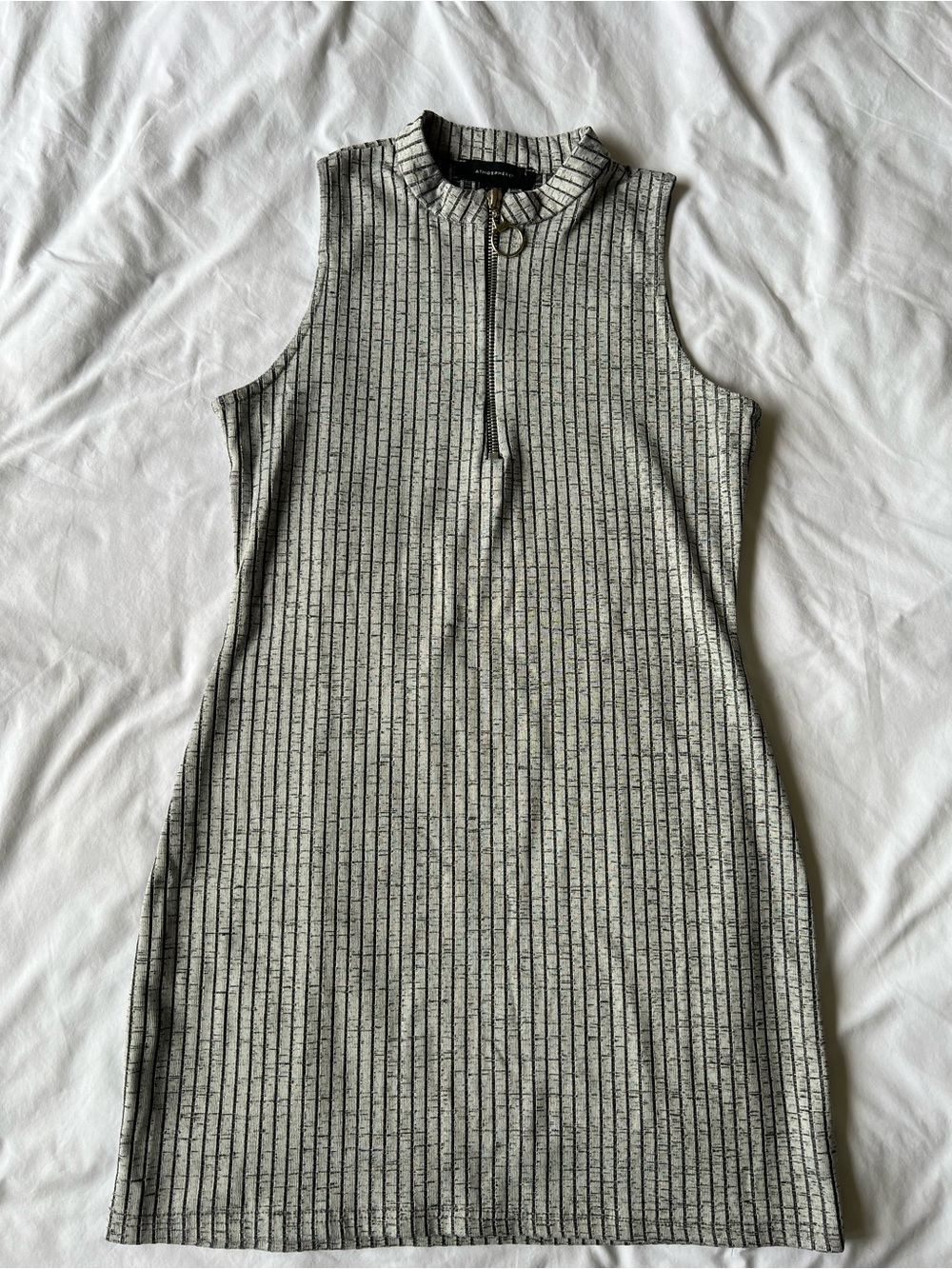 Atmosphere Sleeveless Ribbed Mock Neck Dress in Gray Stripe